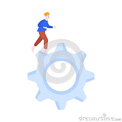 Tiny Man Character on Top of Huge Cogwheel Vector Illustration Vector Illustration