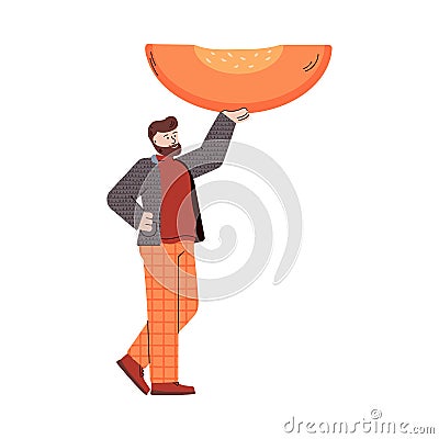 Tiny man hold huge hunk of pumpkin a vector isolated illustration Vector Illustration