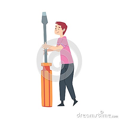 Tiny Man Holding Huge Screwdriver Cartoon Style Vector Illustration Vector Illustration