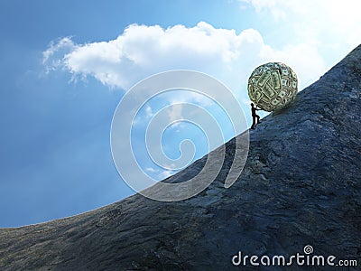 Tiny man pushing a ball of money up hill Stock Photo