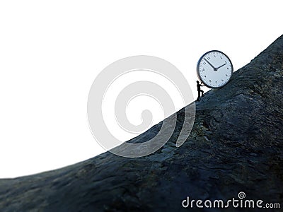 Tiny man pushing a clock up hill Stock Photo