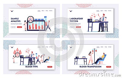 Tiny Medic Characters Working Laboratory Examining Blood Types Landing Page Template Set. Nurse Taking Donor Lifeblood Vector Illustration