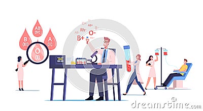 Tiny Medic Male and Female Characters in Working Laboratory Examining Blood Types. Nurse Taking Lifeblood at Donor Vector Illustration