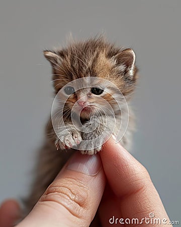 tiny miniature baby cat on a human finger , blurred background Stock Photo
