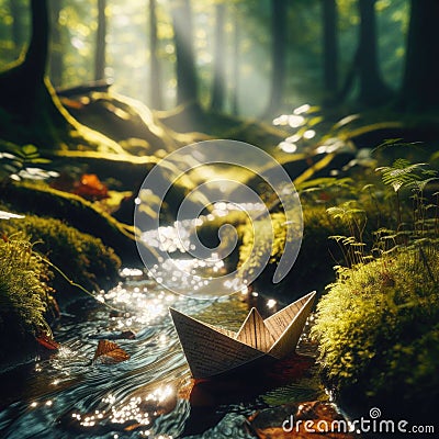 Paper boat travels down the slow moving river Stock Photo