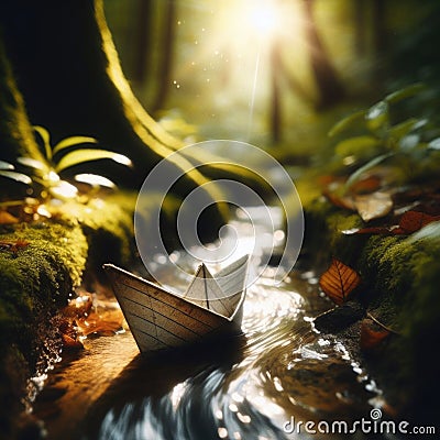 Paper boat travels down the slow moving river Stock Photo