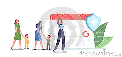 Tiny Patients Characters Wait for Vaccination near Huge Calendar with Rounded Date. Vaccine for Protection from Disease Vector Illustration
