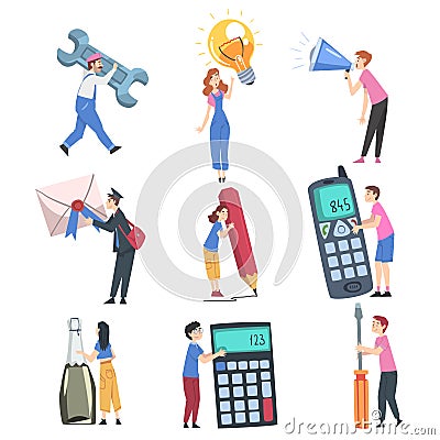 Tiny People Characters Holding Huge Objects, Young Men and Women Carrying Giant Wrench, Light Bulb, Mobile Phone Vector Illustration