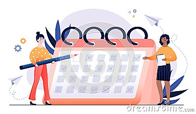 Tiny people characters make an online schedule Vector Illustration