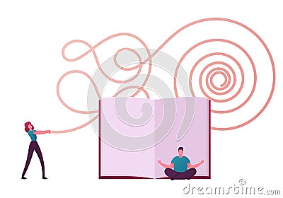 Tiny People Characters Philosophy Thinking. Man Sitting in Lotus Posture Meditating front of Huge Book Vector Illustration