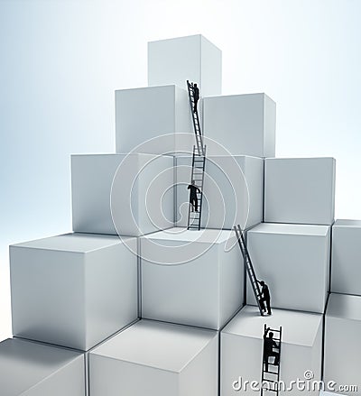 Tiny people climbing ladders to the top. Stock Photo