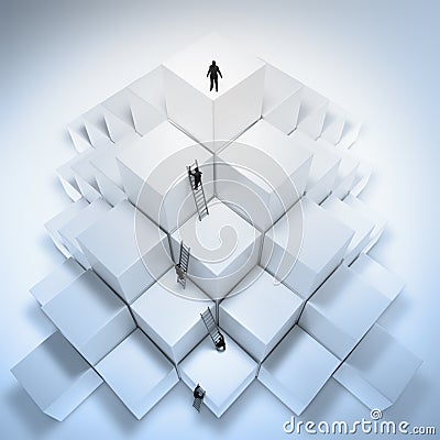 Tiny people climbing ladders to the top. Stock Photo