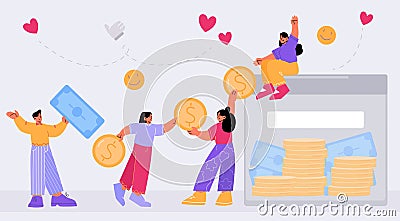 Tiny people collect coins to huge box, donation Vector Illustration