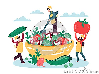 Tiny people cook salad. Characters drag huge vegetables into large salad bowl. Persons make vegetarian recipe. Chefs put Vector Illustration