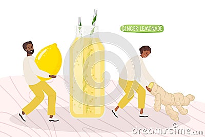 Tiny people cooking Ginger Lemonade, Woman bringing Ginger root, man holding lemon fruit. Colored flat cartoon vector Vector Illustration