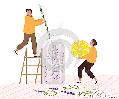 Tiny people cooking lavender lemonade on table. Healthy nutrition. Woman holding fruit, man standing on ladder and Vector Illustration
