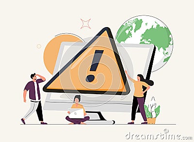 Tiny people examining operating system error warning on web page isolated flat vector illustration. Cartoon mistake Vector Illustration