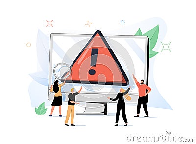 Tiny people examining operating system error warning on web page isolated flat vector illustration. Cartoon mistake. Vector Illustration