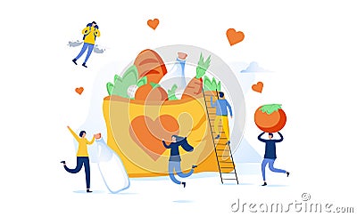 Tiny People Filling Cardboard Donation Box with Different Food and Products for Help to Poor People in Shelter, Support Vector Illustration