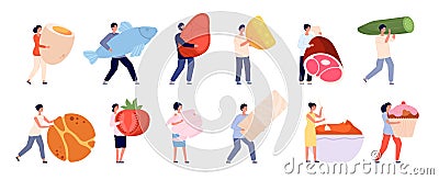 Tiny people with food. Flat foods, friends cooking garden vegetables. Female eating and products preparation, healthy Vector Illustration
