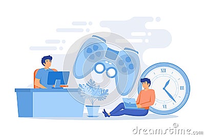 Tiny people gamers playing online video game, huge joystick and clock. Gaming disorder, video gaming addiction, Vector Illustration