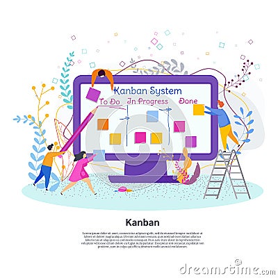 Tiny people with Kanban Project Management System on computer screen. Vector Illustration
