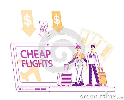 Tiny People with Luggage Book Cheap Flight, Saving Vacation Budget Concept Vector Illustration