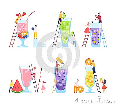 Tiny people making non alcoholic cocktails set. Male and female characters putting strawberry, lime, watermelon Vector Illustration