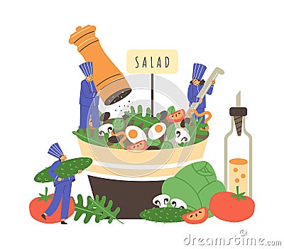 Tiny people making salad, flat vector illustration isolated on white background. Cartoon Illustration