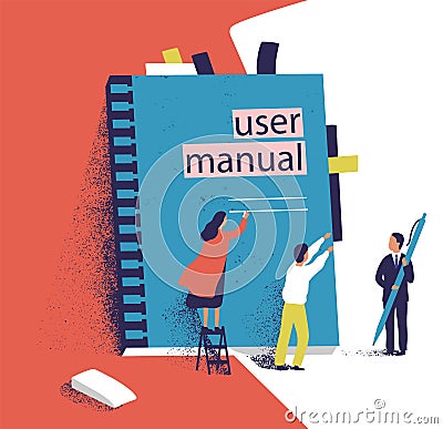 Tiny people or managers trying to open giant user manual. Small men and women and large computer software guide or Vector Illustration