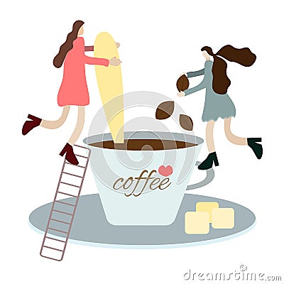 Tiny people METAPHOR, tiny people make coffee for a person, a small fairy-tale toy world where tiny people live, a children`s Cartoon Illustration
