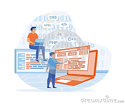 Tiny people programmer or developer create code programming language. Vector Illustration