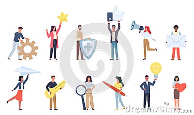 Tiny people with social media icons. Small characters with big signs objects, little men and women hold online apps Vector Illustration