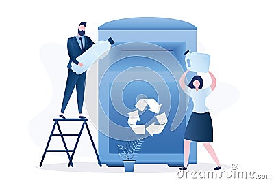 Tiny people throwing plastic garbage in big trash can. Separate collection, recycling of garbage. Business characters Vector Illustration