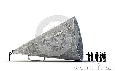 Tiny people using a vintage megaphone Stock Photo