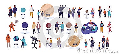 Tiny people visiting planetarium, looking at celestial bodies or space objects, planets of Solar system. Entertainment Vector Illustration