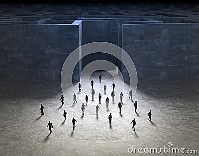 Tiny people walking out of a maze Stock Photo