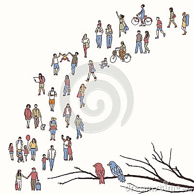 Tiny people walking in a queue Vector Illustration