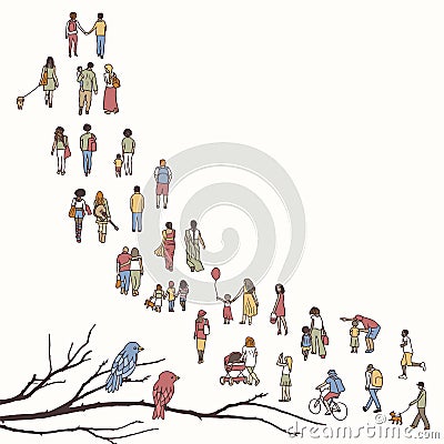 Tiny people walking in a queue Vector Illustration