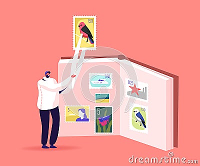 Tiny Philatelist Male Character Holding Huge Stamp in Tweezers near Album with Collection. Man Collecting Postal Stamps Vector Illustration