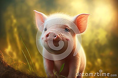 Tiny piglet with cannon on pink skin runs through grass Stock Photo