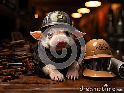 Tiny piglet in firefighter hat Fujifilm camera Stock Photo