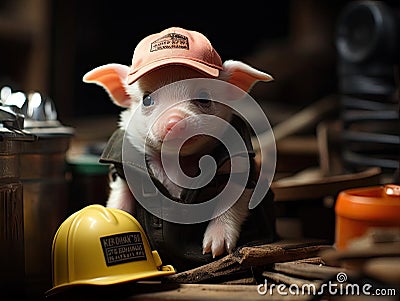 Tiny piglet wears firefighter hat in photo Stock Photo