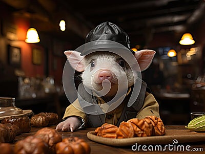 Tiny piglet wears firefighter hat in photo Stock Photo