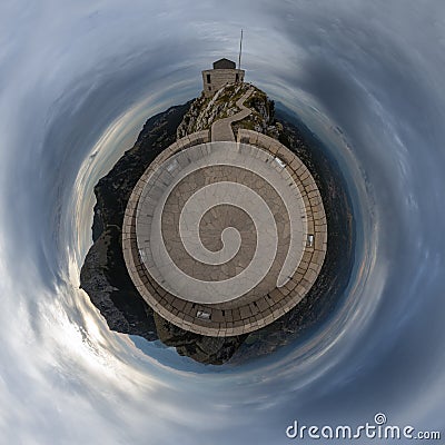 Tiny Planet - Lovcen Mausoleum, Kotor, Muntenegro Stock Photo