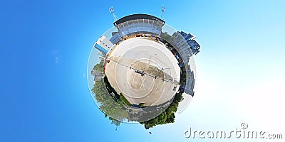 A tiny planet view of the open area behind the Sir Alf Ramsey Stand at Portman Road in Ipswich, Suffolk Editorial Stock Photo