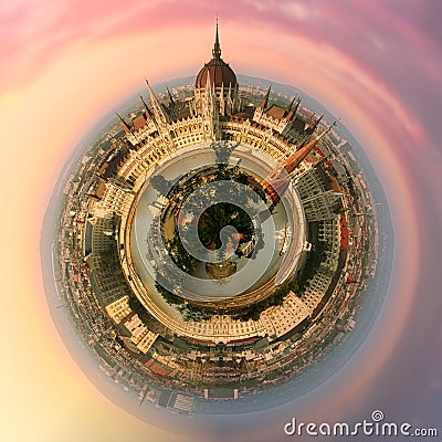 tiny planet view of Parliament building in Budapest, Hungary Stock Photo