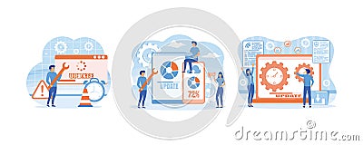 Tiny programmers upgrading operating system. System updates with people updating operation in computing and installation programs Vector Illustration
