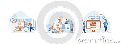 Tiny programmers upgrading operating system, System updates withng operation in computing and installation programs. Vector Illustration