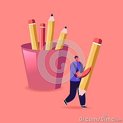 Tiny Pupil Character Hold Huge Pencil, Stationery Accessories for College or University Studying, Student Education Vector Illustration